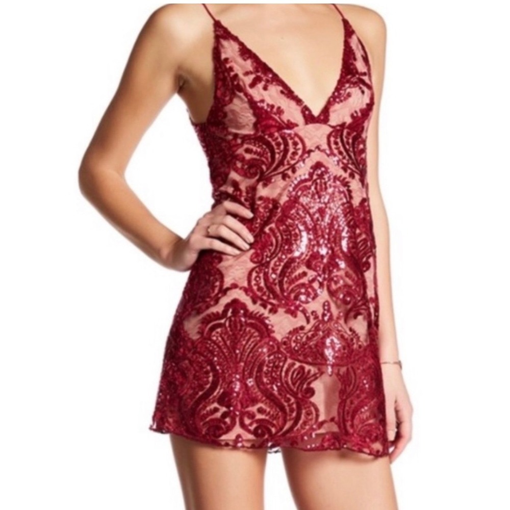 Free People Night Shimmer Sequin Mini Dress Party Cocktail Womens 2 Burgundy